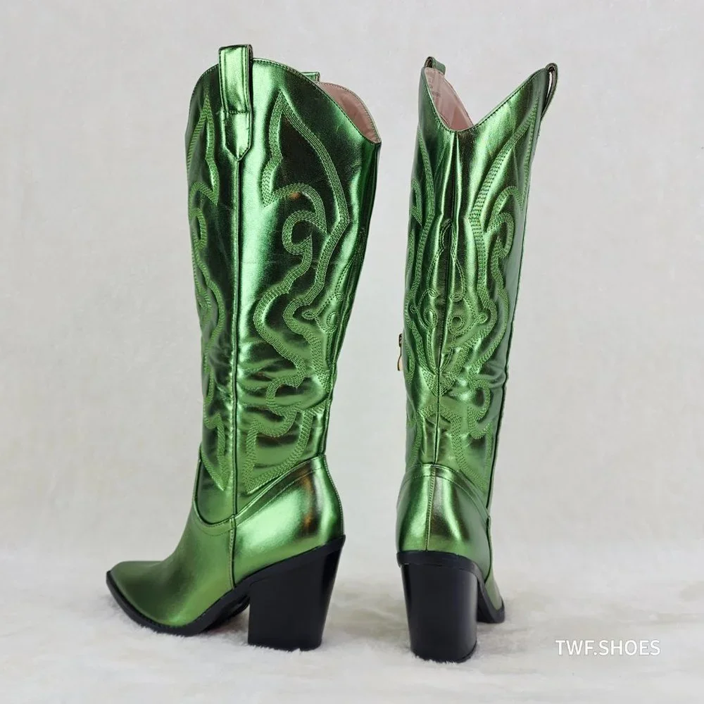 Electric Cowboy Brush Metallic Matte Western Knee High Cowgirl Boots Green - Picture 4 of 11